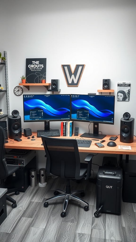 A well-organized tech-centric workspace featuring dual monitors, speakers, and a stylish desk.