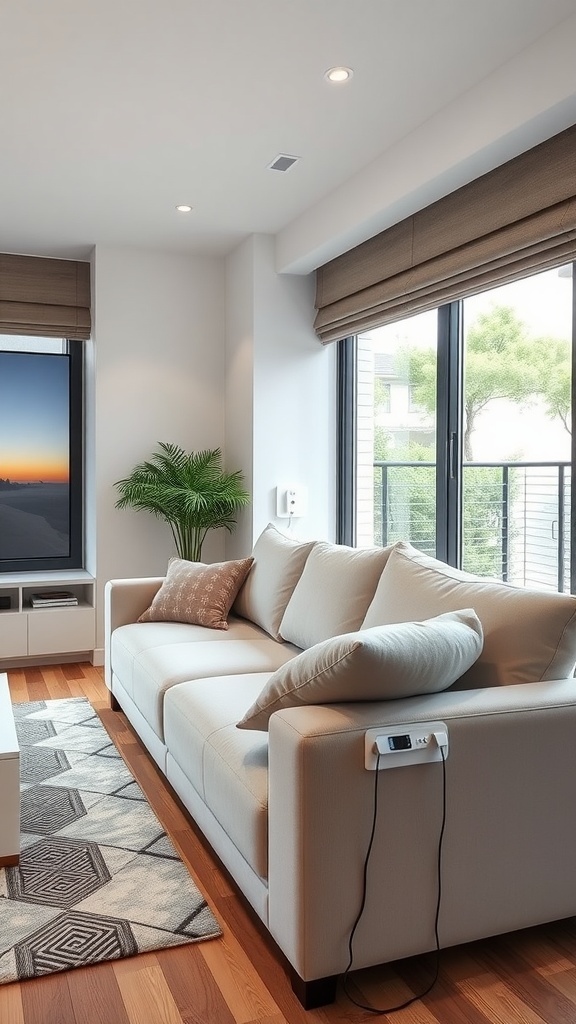 A cozy home office setup featuring a comfortable couch, desk with a monitor, and natural light.