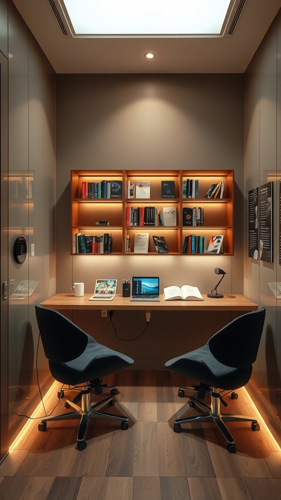 A modern reading nook with a desk, two chairs, bookshelves, laptop, and ambient lighting.