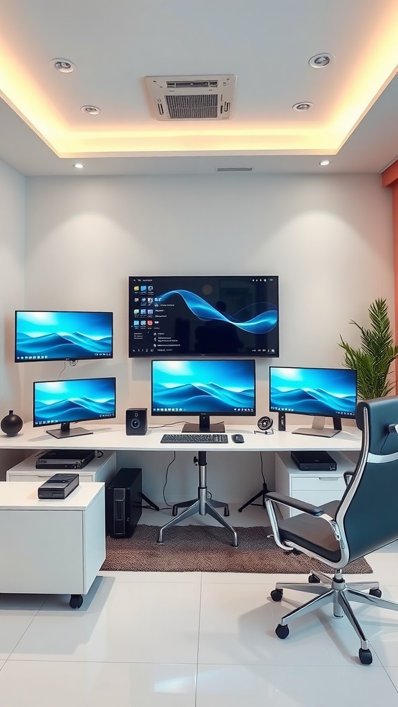 A modern home office setup featuring multiple monitors, a comfortable chair, and soft lighting.