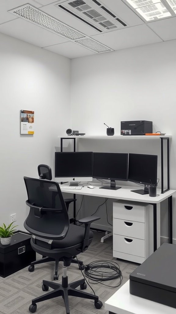 A modern small home office setup featuring dual monitors, a comfortable chair, and organized cable management.