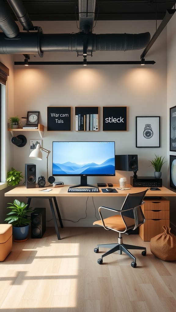 A modern feminine home office with a large monitor, wooden desk, and stylish decor.