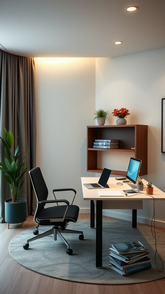 A stylish home office featuring a desk, laptop, and cozy chair with plants in a well-lit room.