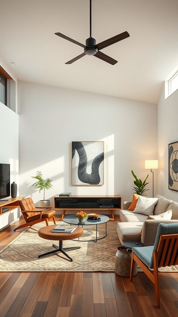 A Mid-Century Modern living room featuring minimalist furniture, large windows, and a stylish ceiling fan, showcasing technology integration.