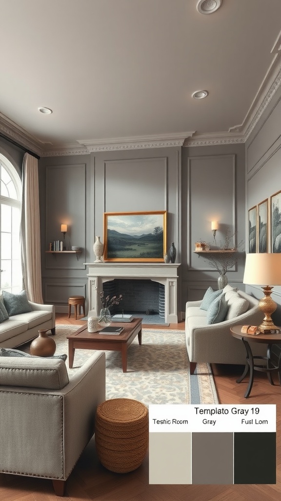 Living room featuring Templeton Gray walls with light furniture and warm accents