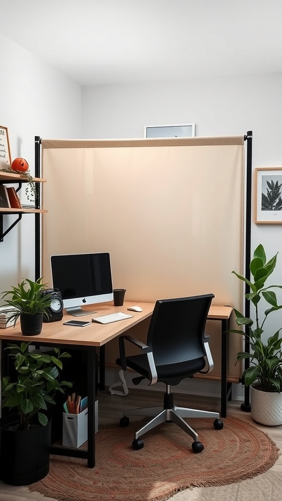 Home office setup with a temporary privacy screen and plants
