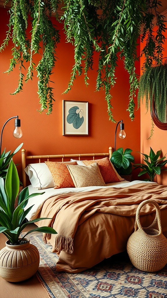 A cozy bedroom featuring terracotta walls, a comfortable bed with warm linens, and lush green plants hanging from the ceiling.