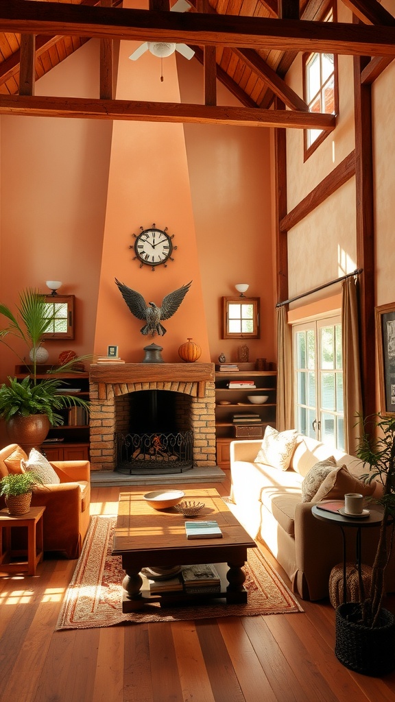 Rustic farmhouse living room with terracotta walls, brick fireplace, and wooden accents