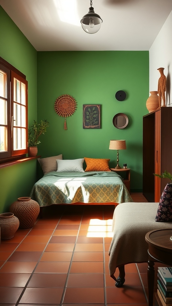 A cozy bedroom featuring green walls, terracotta tiles, and natural decor