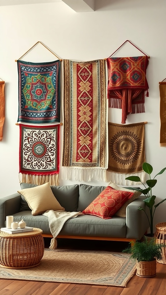 Colorful textile wall hangings displayed above a cozy sofa in a living room