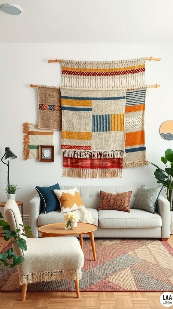 A cozy living room featuring textile wall hangings, soft furniture, and a patterned rug in a contemporary Japandi design.