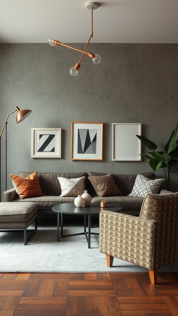 A modern living room featuring a dark gray sofa with various cushions, a patterned armchair, and a coffee table in a cozy setting.