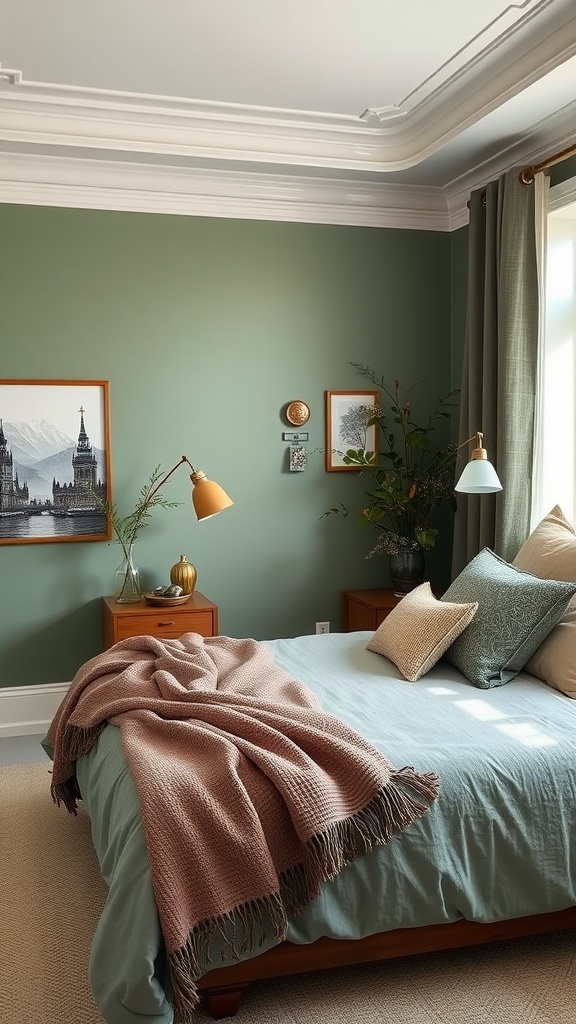 Cozy bedroom with sage green walls, a bed with blush blanket, and decorative plants.