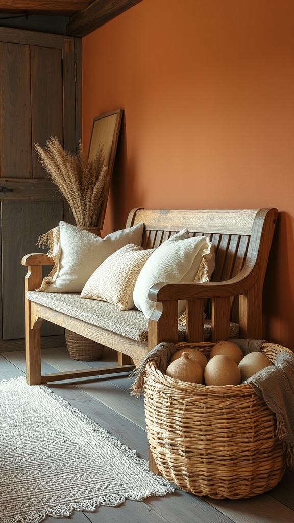 A wooden bench with cushions next to a handwoven basket filled with natural decor, against an orange wall in a rustic bedroom setting.