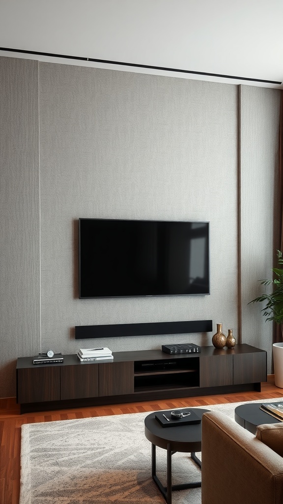 Modern living room with a TV mounted on a textured fabric wall, featuring a stylish furniture setup.