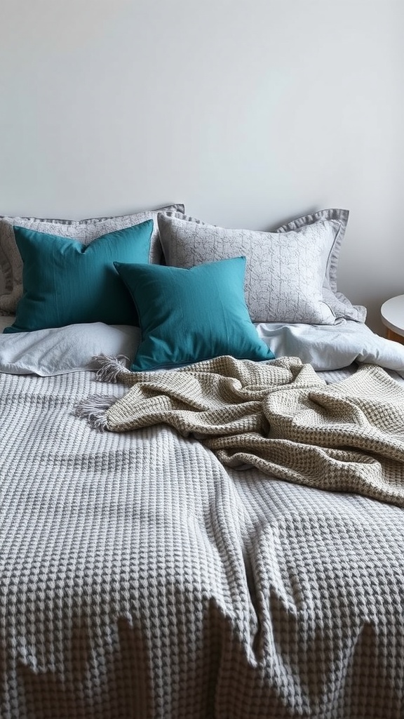 A cozy bed with grey textured bedding and teal pillows, creating a stylish and inviting atmosphere.