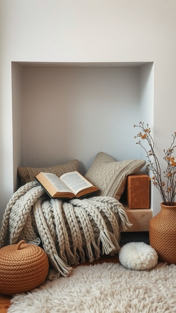 Cozy reading nook with textured blankets and cushions, open book, and decorative elements.