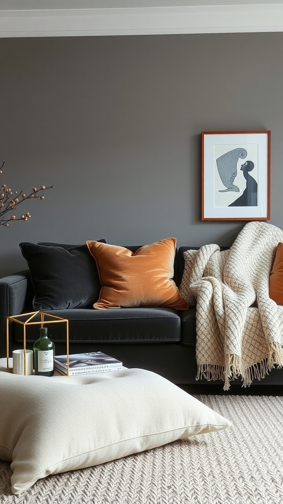 A cozy living room featuring a black sofa with orange pillows, a cream-colored floor cushion, and a woven rug, set against dark gray walls.