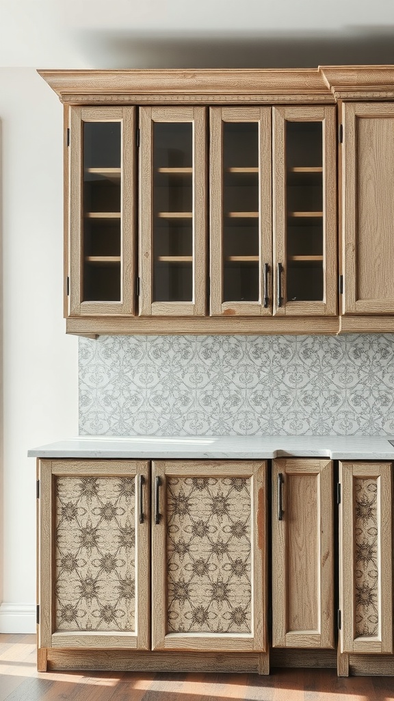 Kitchen cabinets featuring a textured paint finish with detailed patterns.
