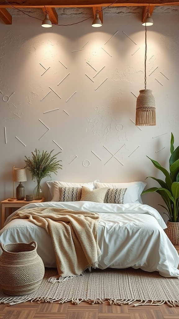 Boho bedroom with textured plaster finish, featuring hanging plants and a cozy atmosphere.