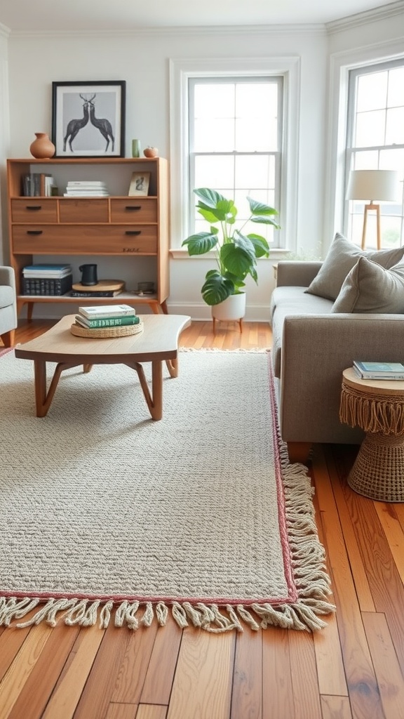 A cozy living room featuring a textured rug with fringe, wooden furniture, and a green plant.