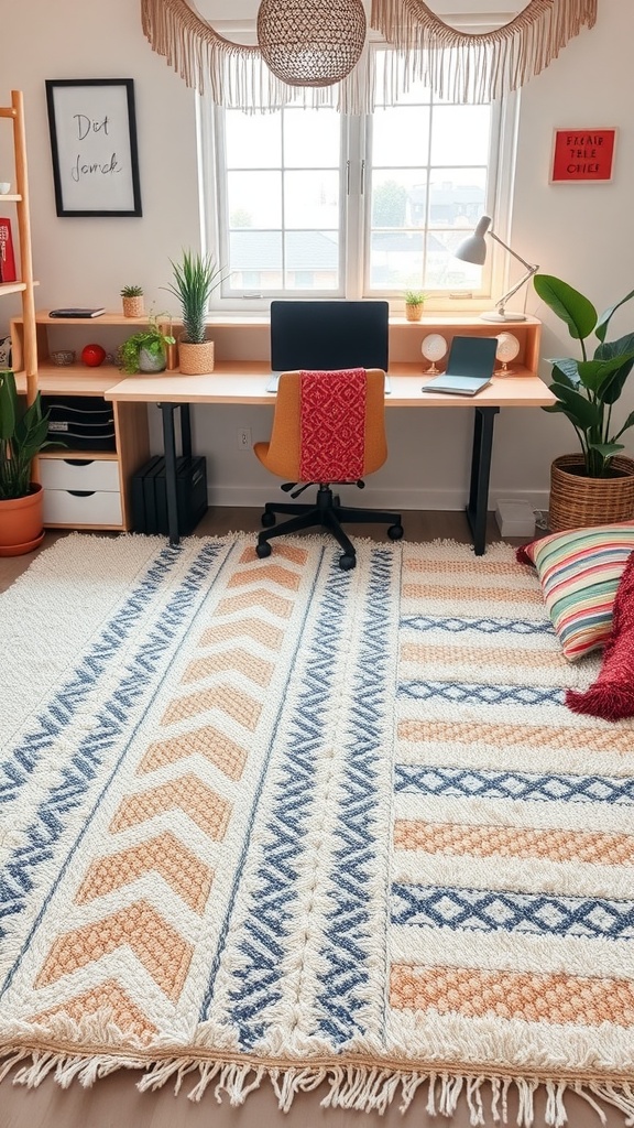 A cozy boho home office featuring a textured rug with earthy tones and intricate patterns.