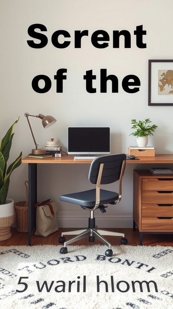 A stylish home office with a textured rug and wooden desk