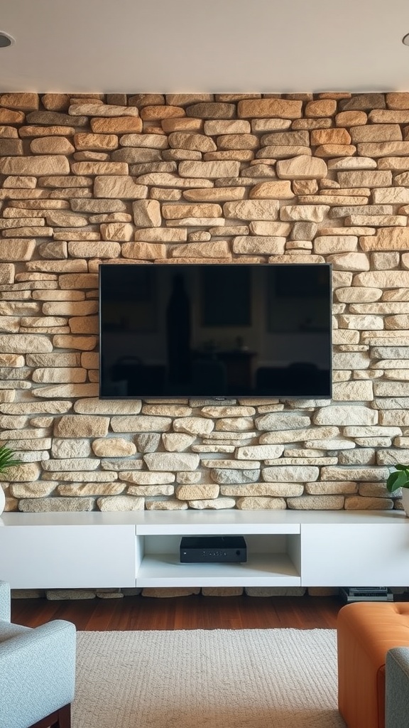 Modern living room with a textured stone wall and a flat-screen TV mounted above a white media console.