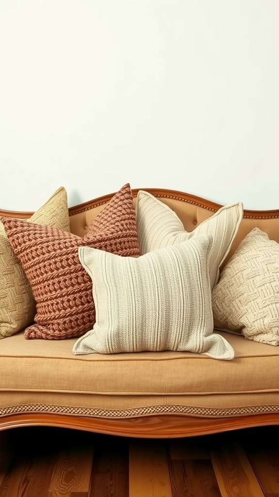 Assortment of textured throw pillows on a classic sofa