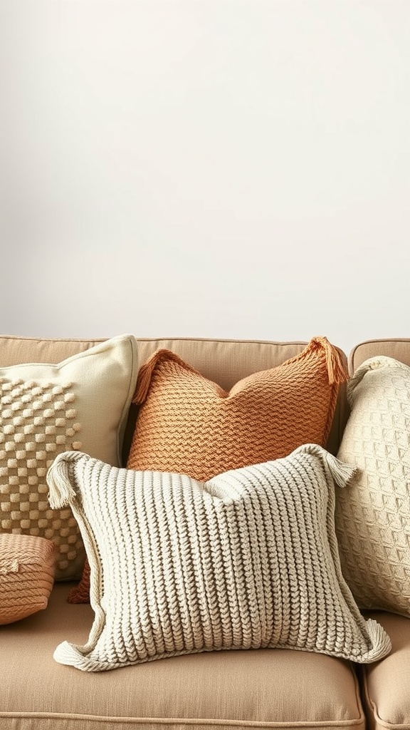 A collection of textured throw pillows in soft earthy tones arranged on a beige couch.