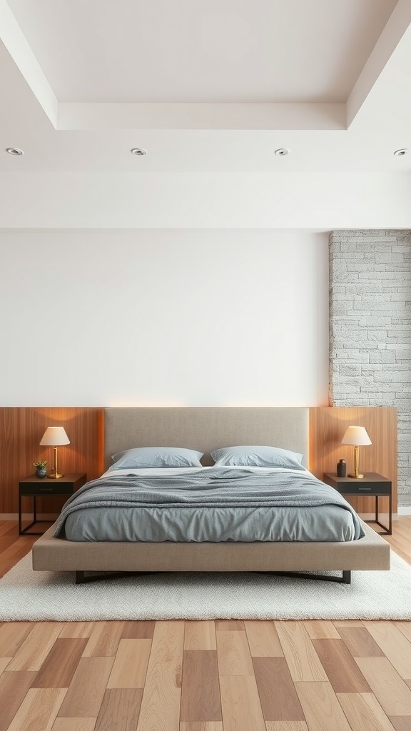 A modern bedroom featuring a textured stone wall, wooden accents, and cozy bedding.