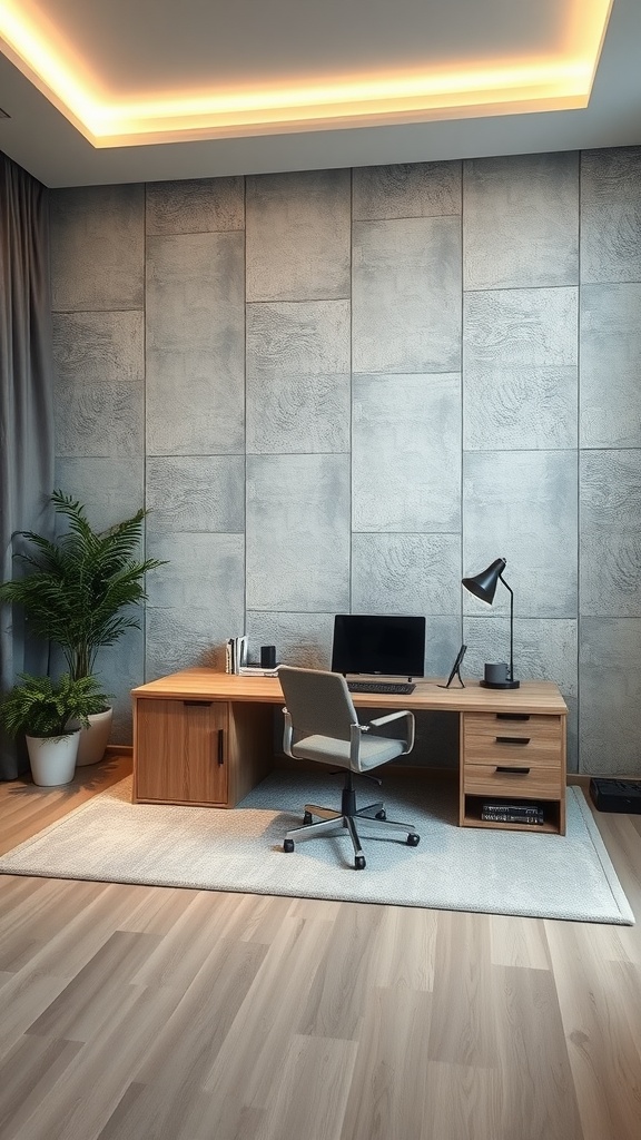 A small feminine home office featuring a textured gray wall, wooden desk, and modern chair