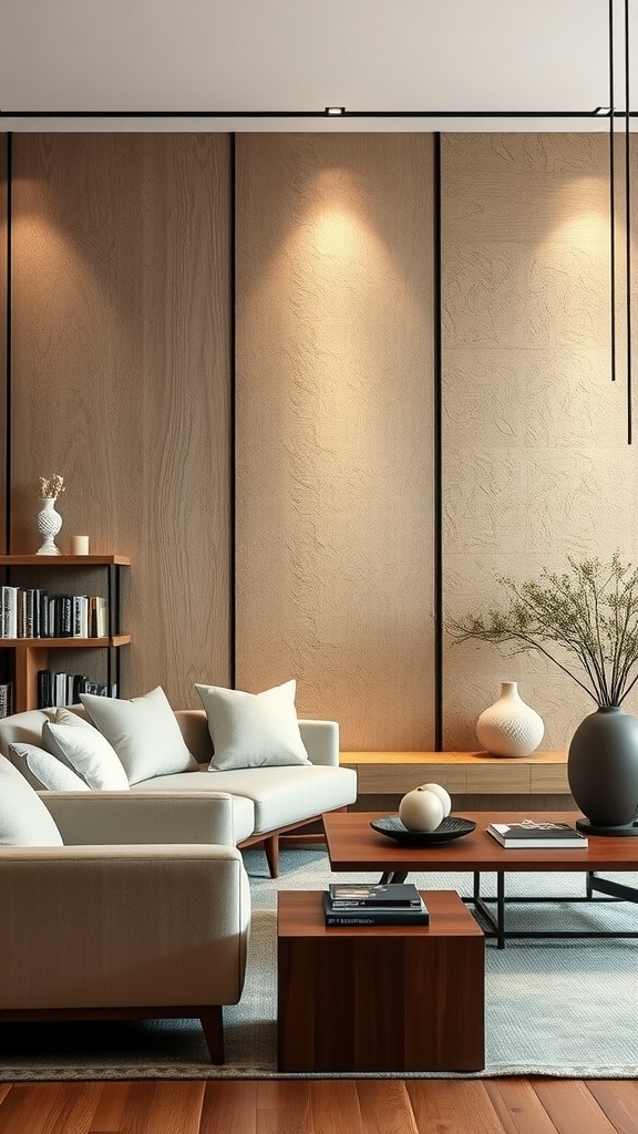 A modern living room featuring textured wall panels, minimalist furniture, and warm lighting.