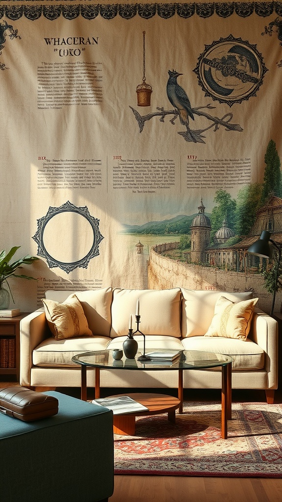 A cozy living room featuring a textured wall tapestry with intricate designs, a cream-colored sofa, and a stylish coffee table.