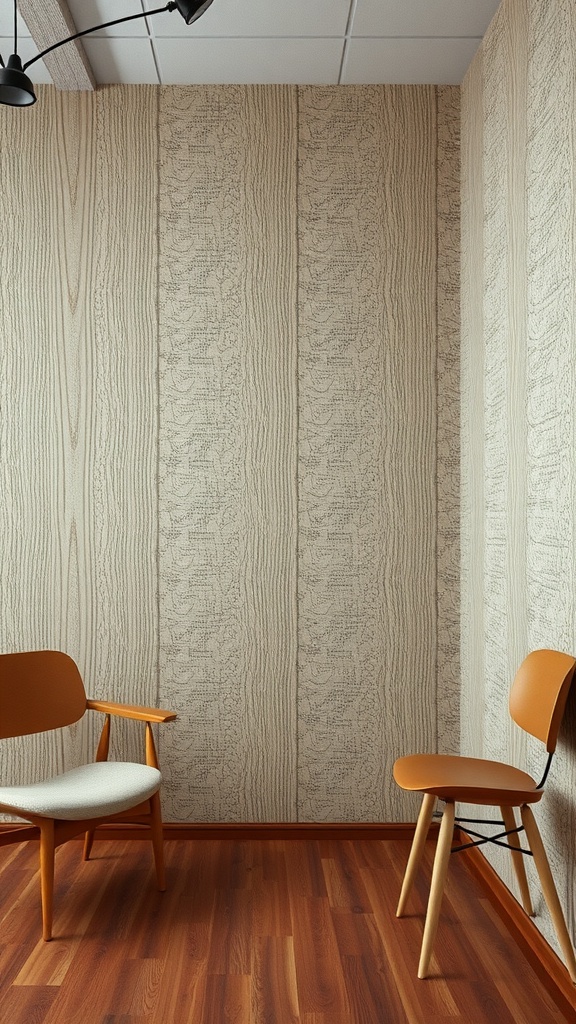 A cozy nook featuring textured wall treatments, two stylish chairs, and warm wooden flooring.