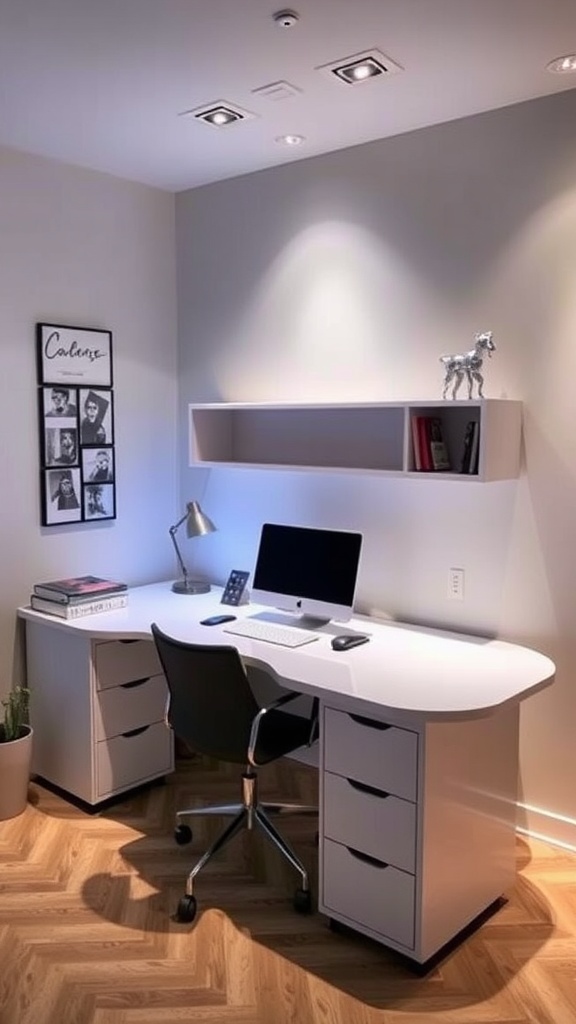 A stylish corner desk setup with a computer, lamp, and decorative items.