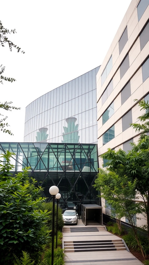 Exterior view of Biblioteca Vasconcelos with a modern glass facade and surrounding greenery.