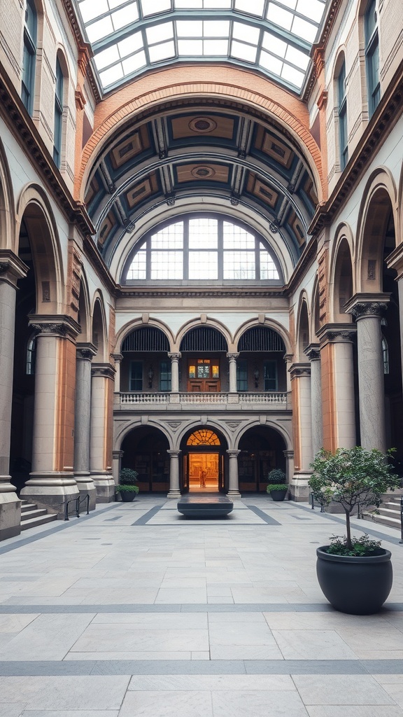 Interior view of the Boston Public Library showcasing architectural arches and natural light