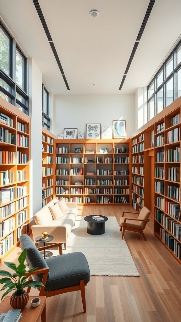 A contemporary home library featuring wooden shelves, comfortable seating, and plenty of natural light.