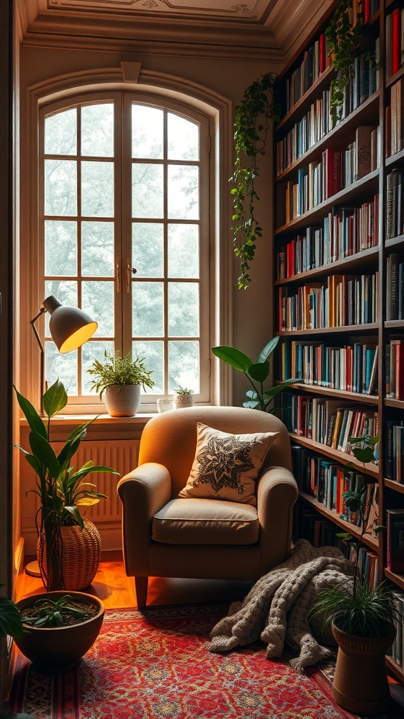 A cozy reading corner with a comfortable chair, a large window, and bookshelves filled with books, surrounded by plants