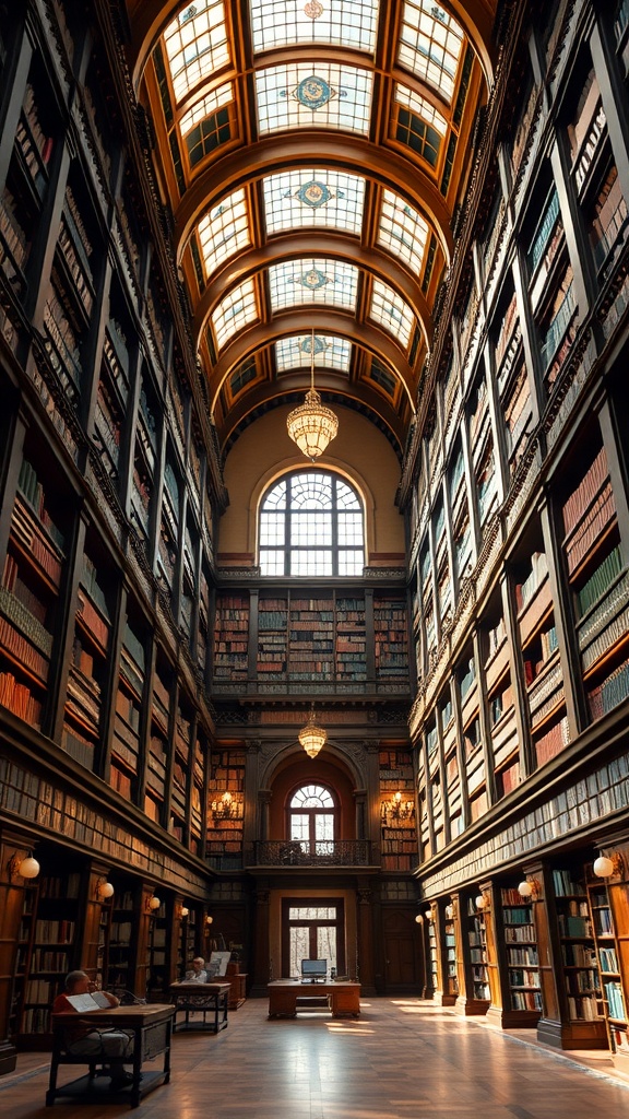 Interior of the George Peabody Library showing tall bookshelves, a glass dome, and elegant architecture.