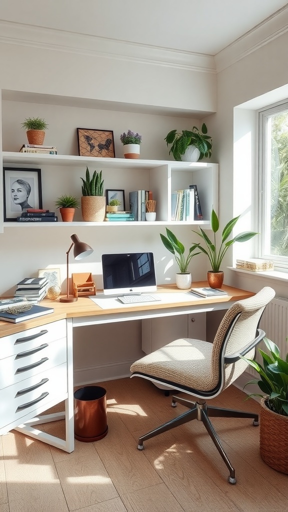 A cozy home office featuring a custom built-in desk with a wooden surface, plants, and modern decor.