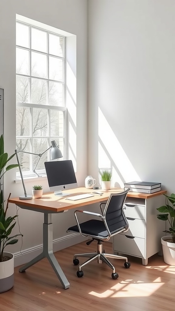 A corner desk with a computer, lamp, and plants near a large window, showcasing natural light in a workspace.