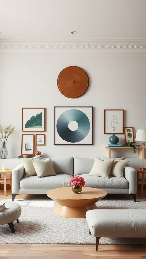 A contemporary living room with symmetrical arrangements, featuring a sofa, round coffee table, and wall art.