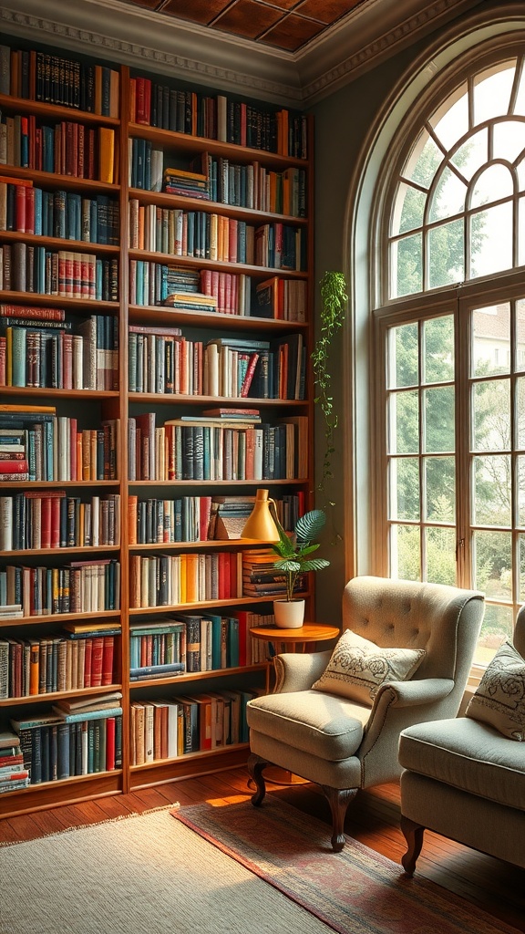 A cozy home library with tall bookshelves filled with colorful books, plush armchairs, and a large window letting in natural light.