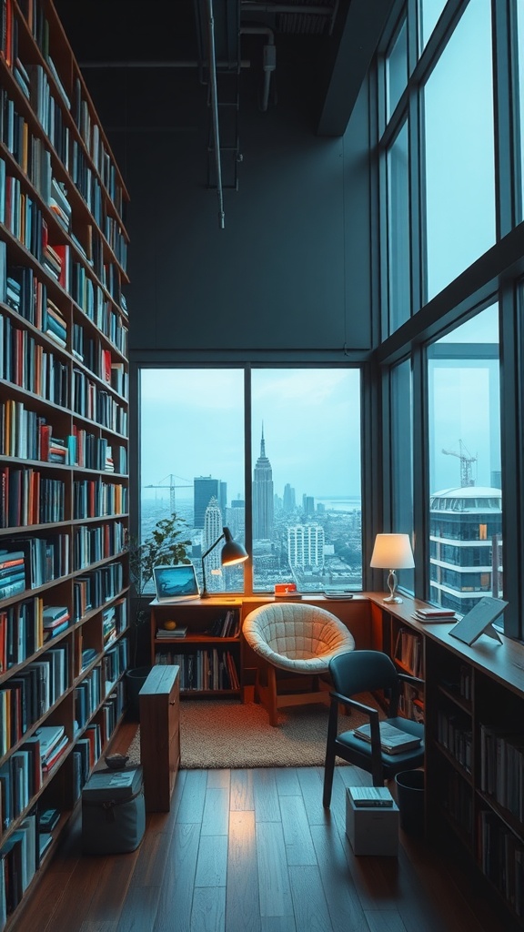 A cozy loft library with floor-to-ceiling bookshelves and a stunning city view.