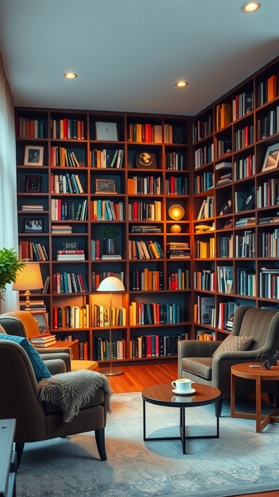 Cozy lounge library with bookshelves, comfortable seating, and warm lighting