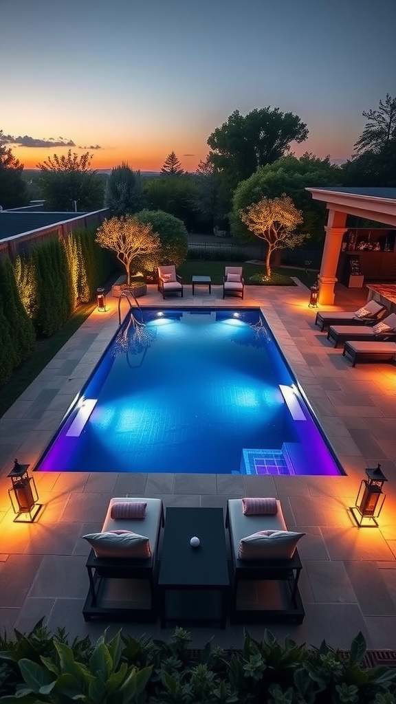 A luxurious rectangular inground swimming pool surrounded by lounge chairs and lanterns, set against a sunset sky.