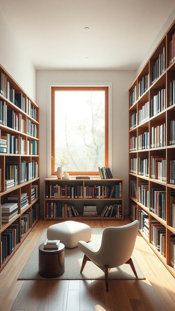 A minimalist home library with wooden bookshelves, a cozy chair, and a window letting in natural light.