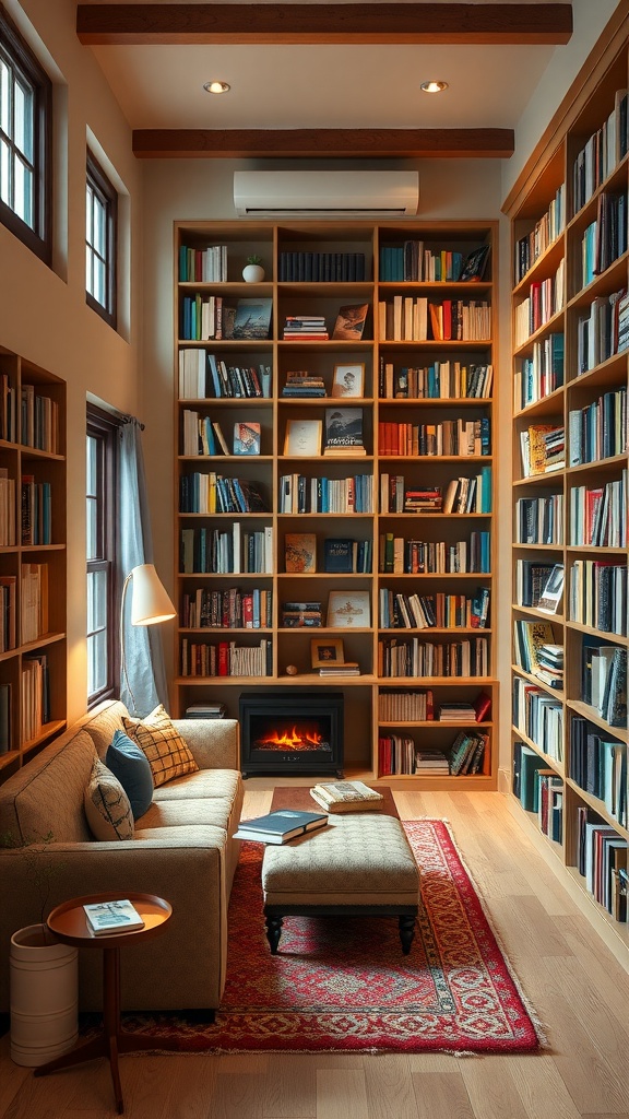 A cozy home library with wooden shelves filled with books, a comfortable sofa, and warm lighting.